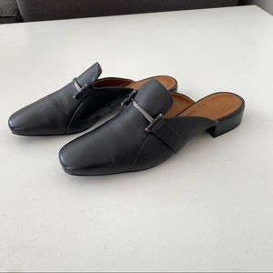 Halston Romina Black Leather Mule Slides Open Back Flat Loafers Slip On Womens 8